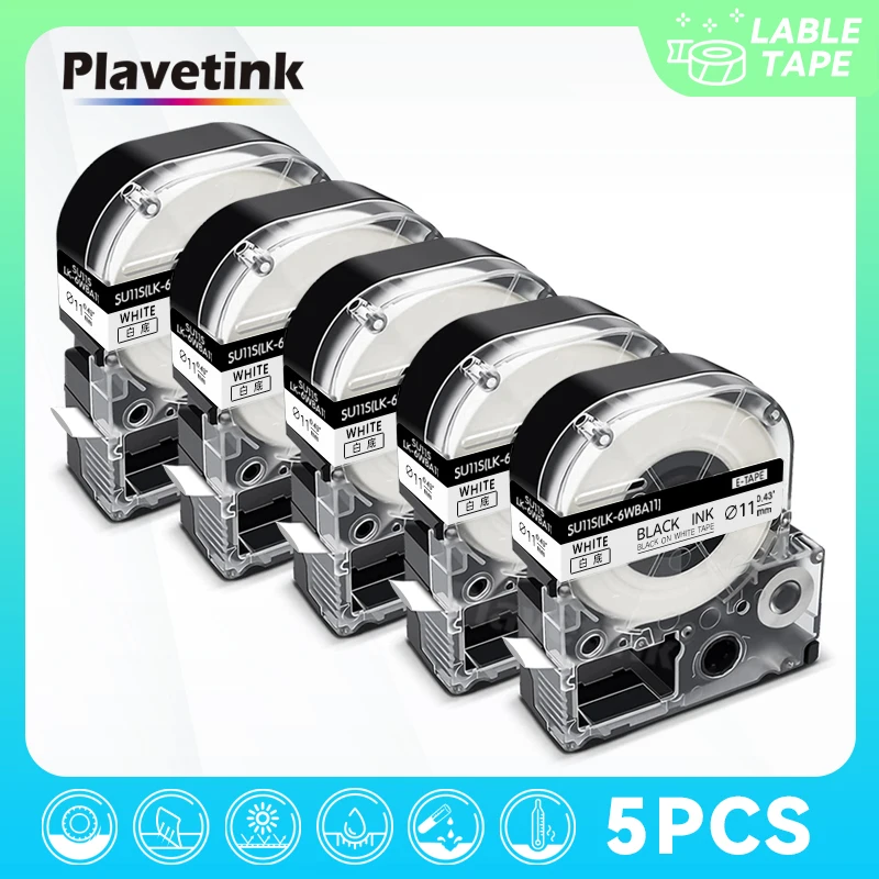 

PLAVETINK 5Pcs LK-6WBA11 LK-6YBA11 Heat Shrink Tubes Φ11mm/18mm White/Yellow Tape for Epson/King Jim SU11S SU11Y LW-300 LW-400