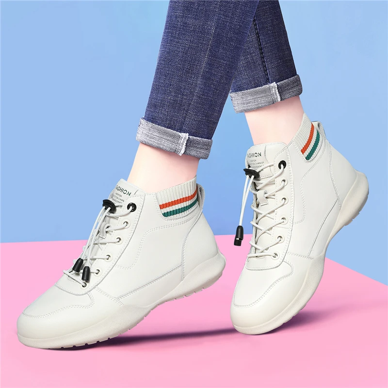 

Women's Sneakers Genuine Leather Ladies Moral Training Shoes Casual high-tops Slip on Leisure Flat Shoes Women Outdoor Jogging