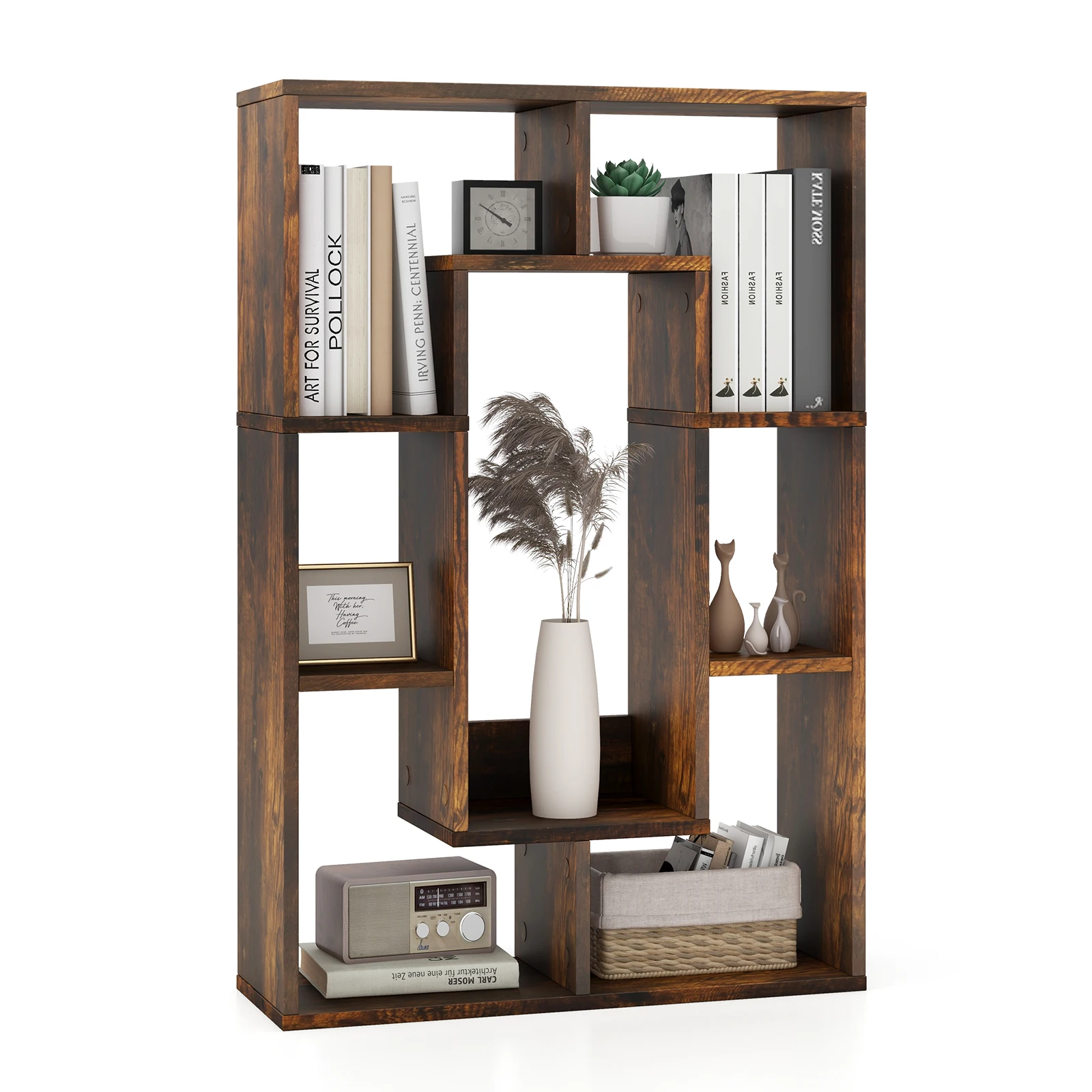 GOFLAME 7-Cube Geometric Bookshelf, Modern Open Bookcase, Floor Corner Decorative Display Shelf