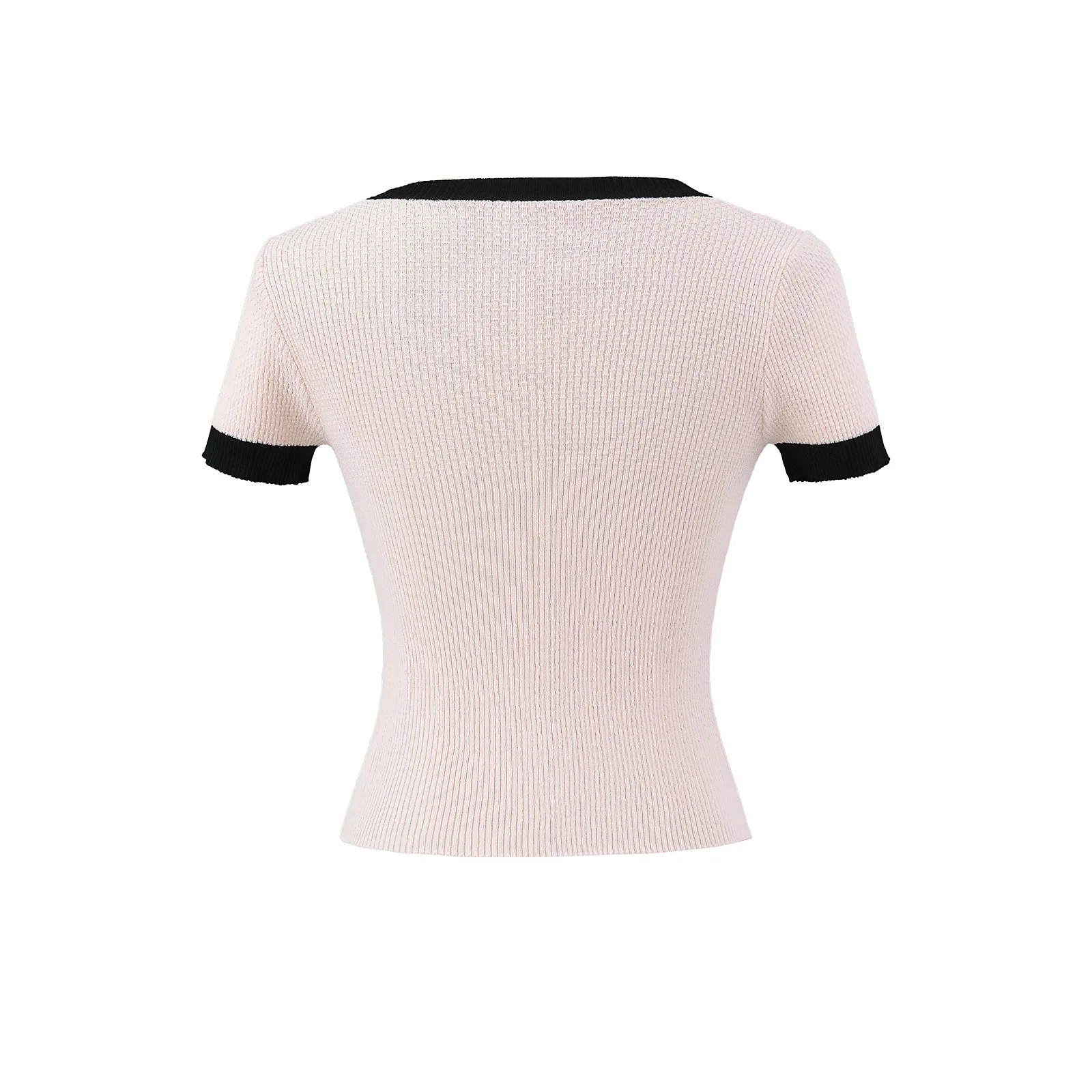 เนื้อใหม่ของผู้หญิง Spice Girl สีตัดกันถักแขนสั้นฤดูร้อนเข้ารูปพอดีเสื้อคุณภาพสูง