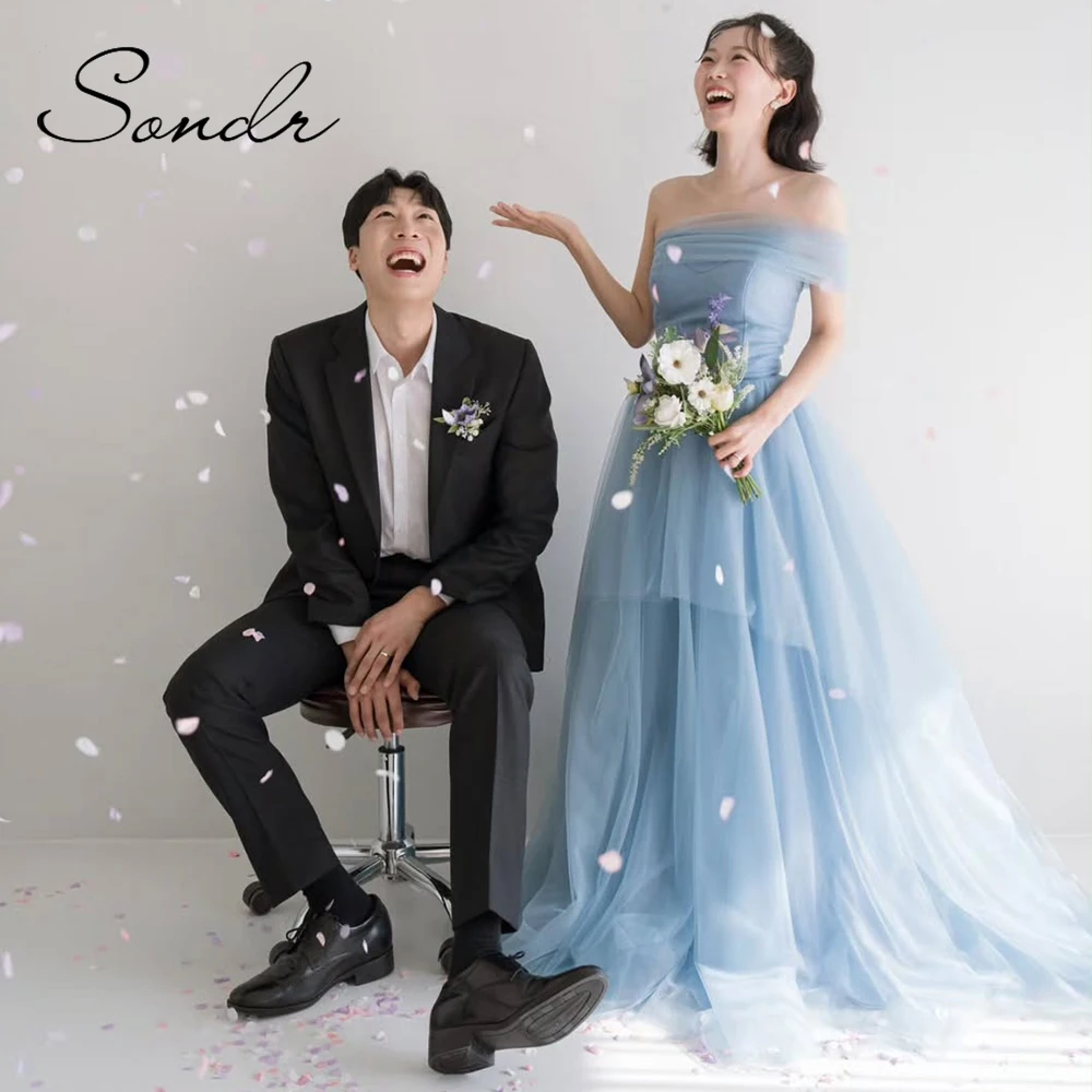 

Sondr Sky Blue Evening Dresses Boat Neck Korean Wedding Dresses Photo Shoot Customized Bridal Self-Wedding Gown Party Dresses