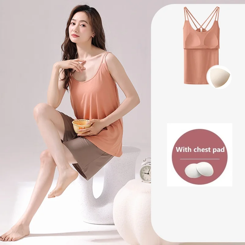 

With Chest Pad Summer Modal Pajamas Women Sling Homewear Female Pajamas Set Women Home Clothes Lounge Wear Solid Color Home Suit
