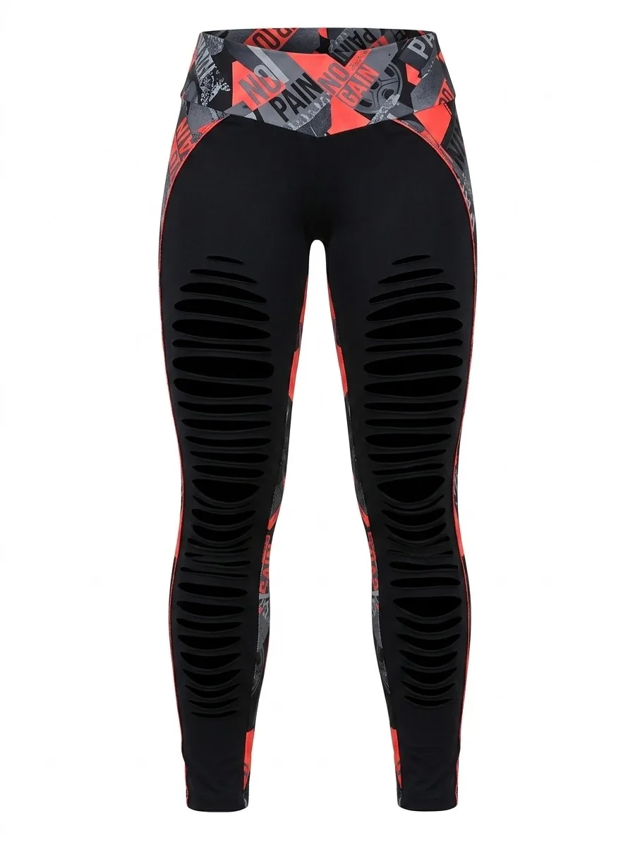 Gymdolphins Women's Streetwear Distressed Cutout Leggings Abstract Red Black Spliced Print High Rise Stretch Activewear Bottoms