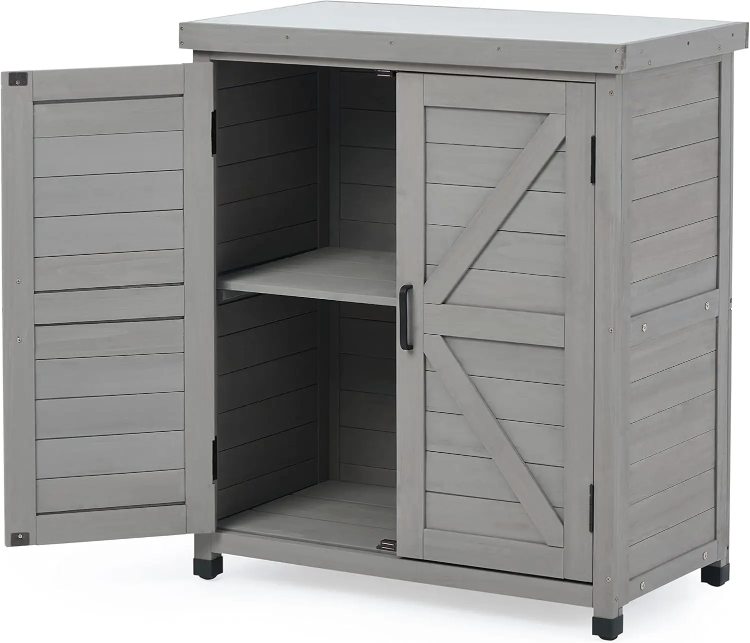 Outdoor Storage Cabinet & Potting Bench Table with Metal Top, Wooden Patio Furniture, Garden Workstation (Classic Grey, 36x31x17