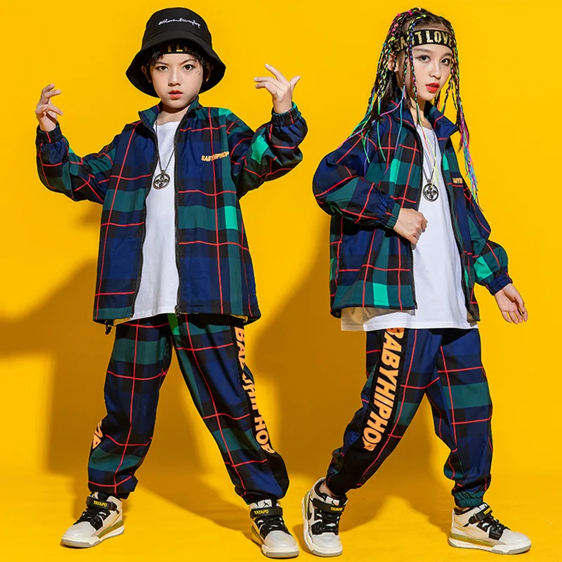 Top Streetwear Jogger Pants for Girls Boys Jazz Dance Costume Clothes Set Kid Hip Hop Clothing Checkered Oversized Jacket Shirt