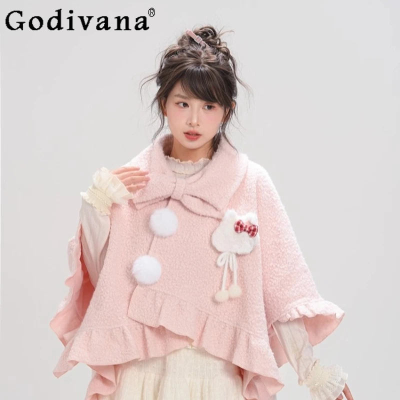 الحلو الوردي لوليتا معطف الصوف للنساء النمط الياباني Bowknot تصميم فضفاض الرؤوس الإناث الشتاء القوس طوق التخسيس العباءات