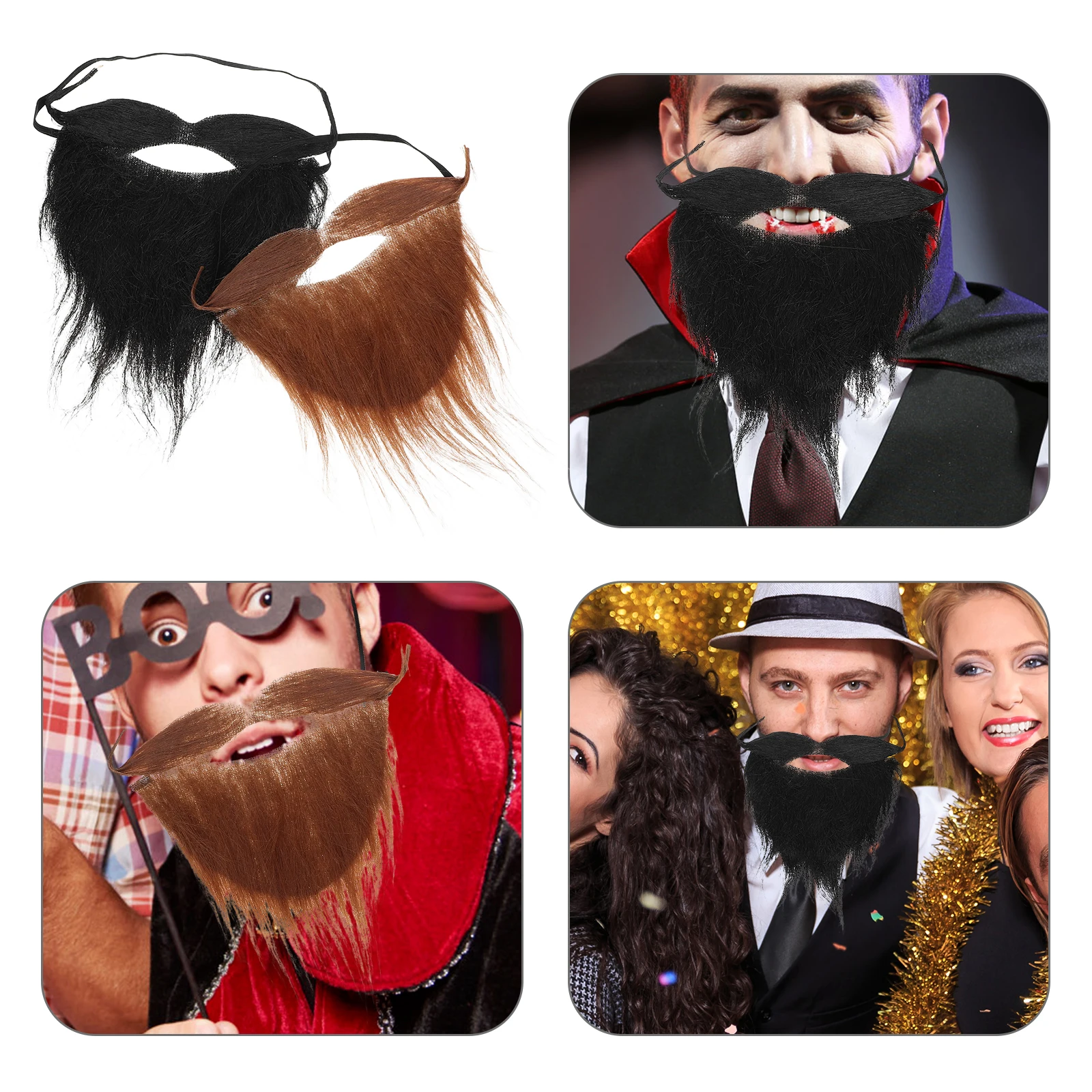 

2pcs Party Fake Beard Lightweight Polyester Black Brown Costume Beards for Men Teens Realistic Texture Performing Props