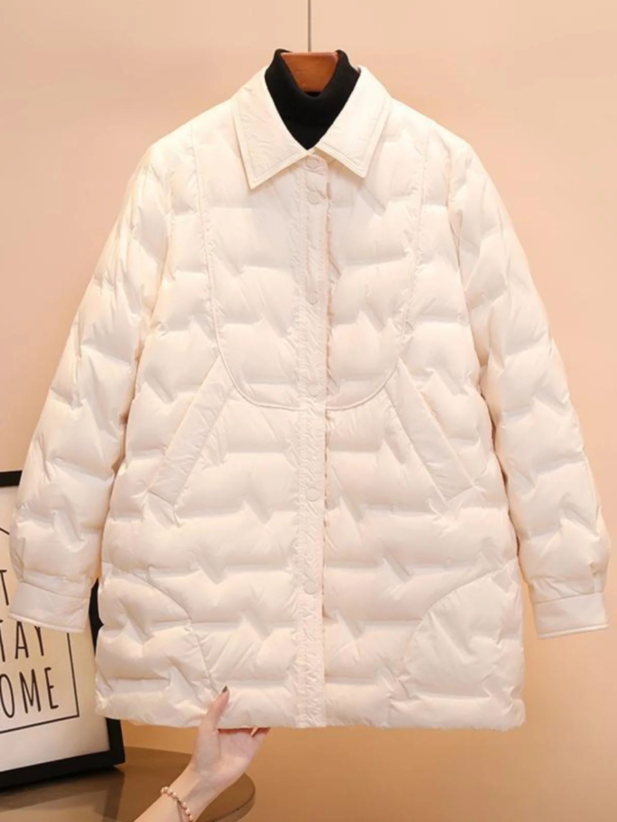 

Lightweight Comfortable White Du down Printed irt Collar Single Button Women's Mid-Length Jaet Casual Straight Fit