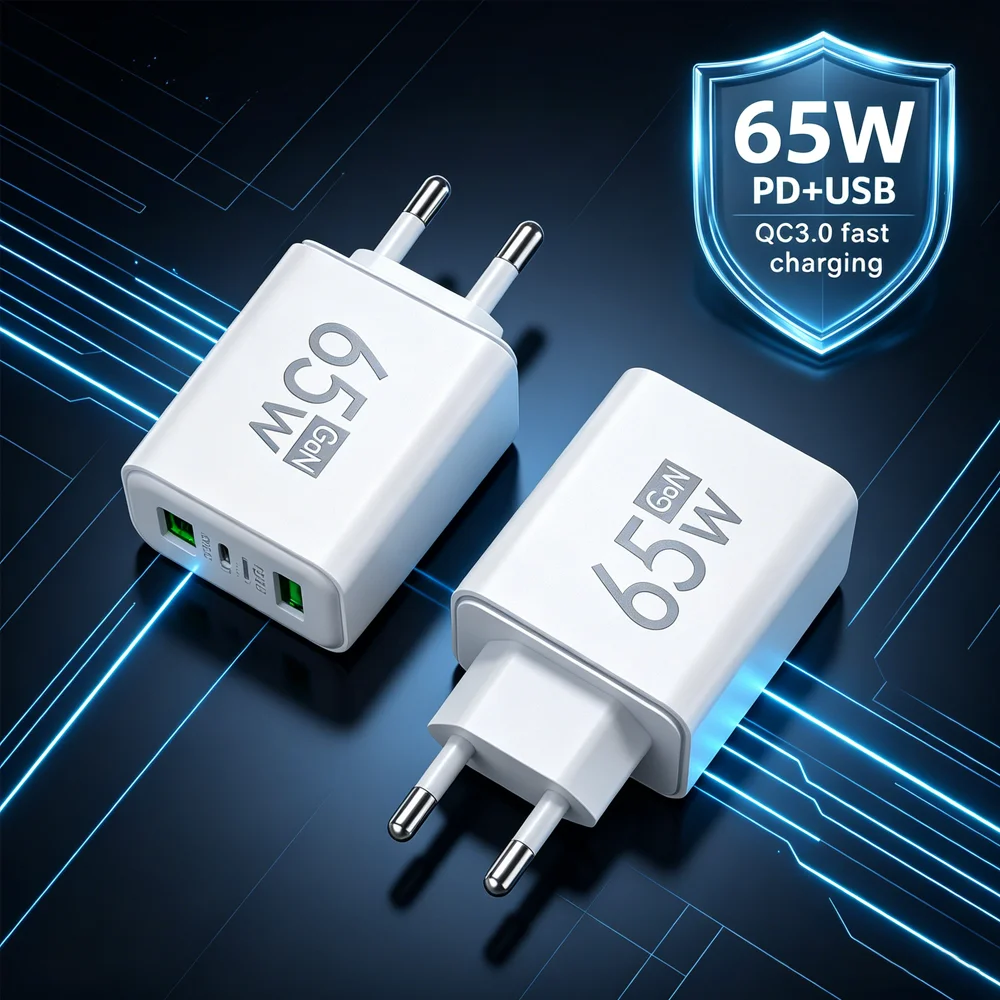 65W 3 Ports USB GaN Charger QC3.0 PD Type Fast Charging EU/US Plug Wall Charger For iPhone Samsung Xiaomi Huawei Phone Charger