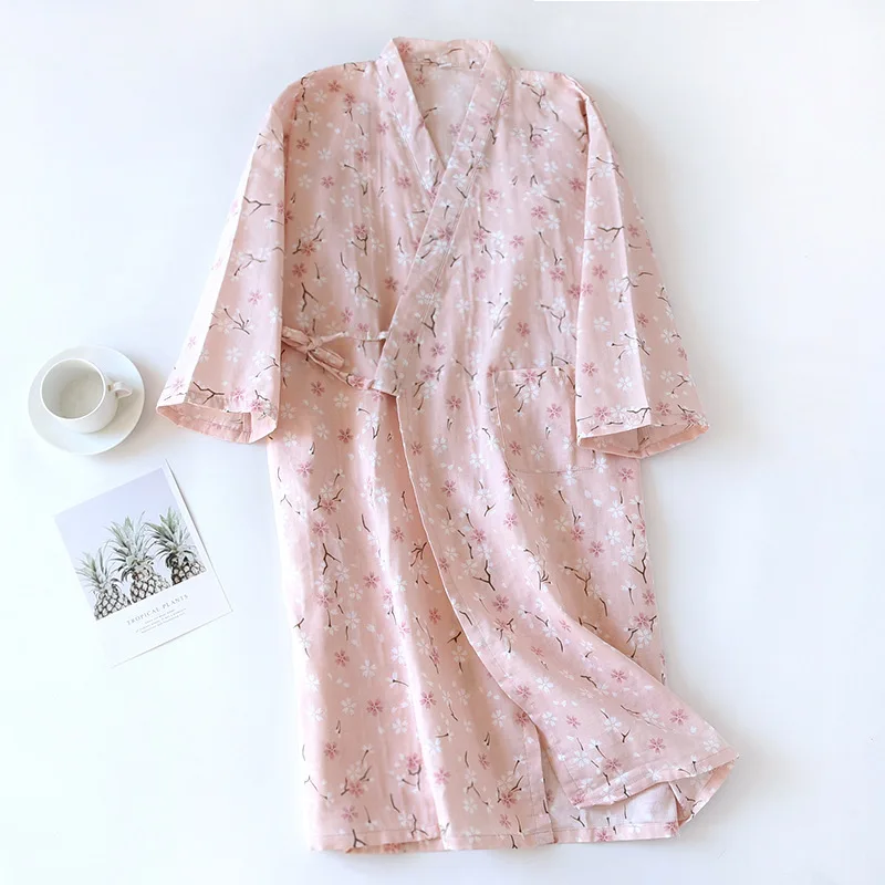 Women Dressing Gown Cotton Kimono Pajama Woman Robe Three Quarter Home Wear Gauze Print Dressing Gown Bathrob Sexi Sleepwear