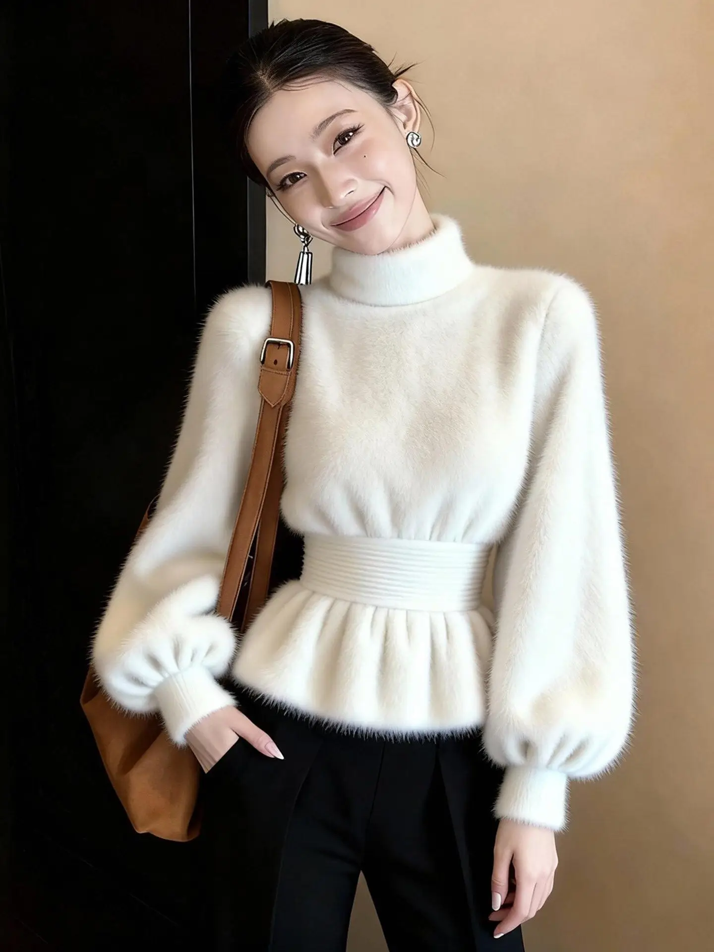 

Женская теплая кофта с длинным рукавом из искусственного меха, с высоким воротником, приталенная, с капюшоном, из белой норковой шерсти, для повседневной носки, прямого кроя