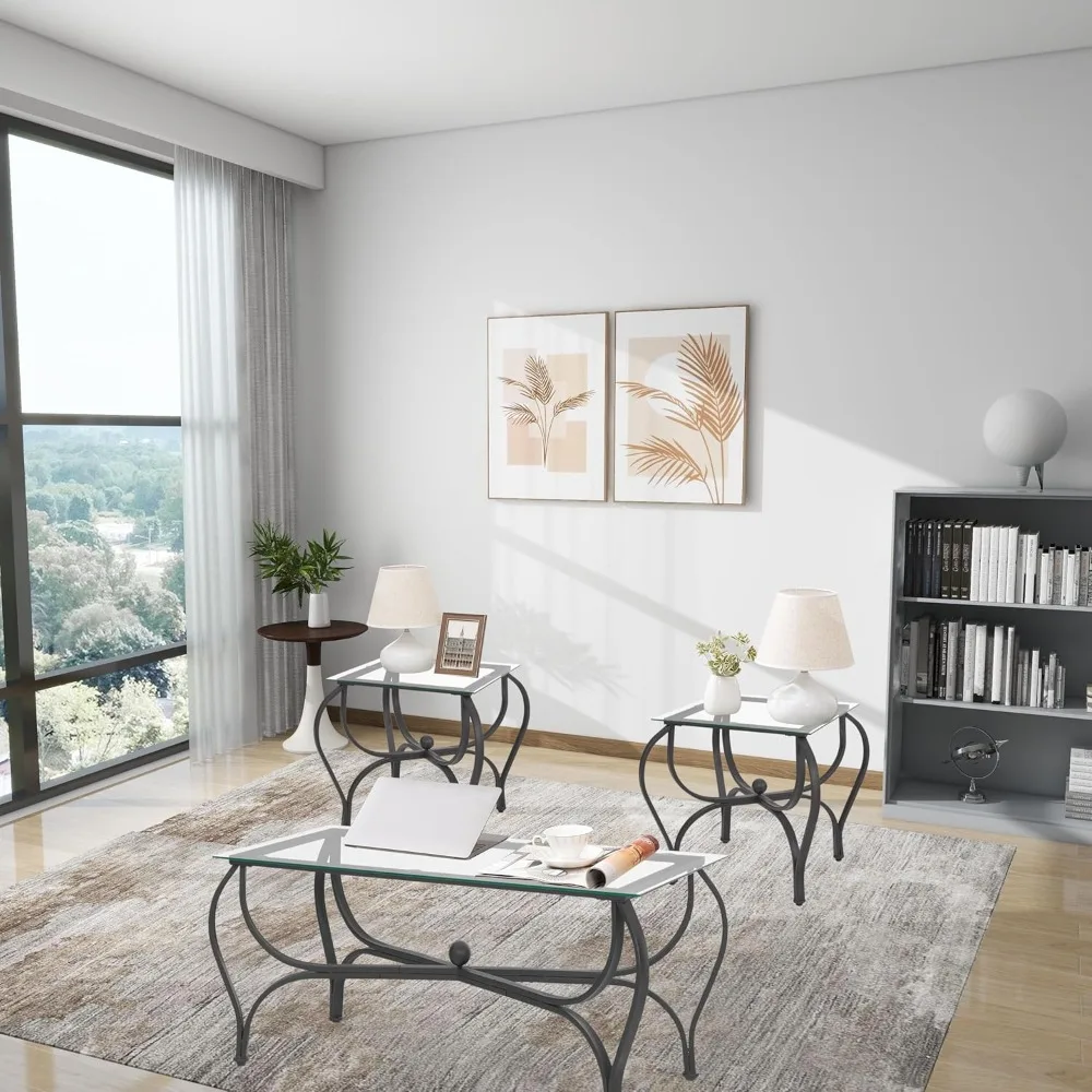 3-Piece Coffee Table Set, Tempered Glass Surface Living Room Sets, Coffee Table & 2 End Side Table, Metal Frame for Living Room,