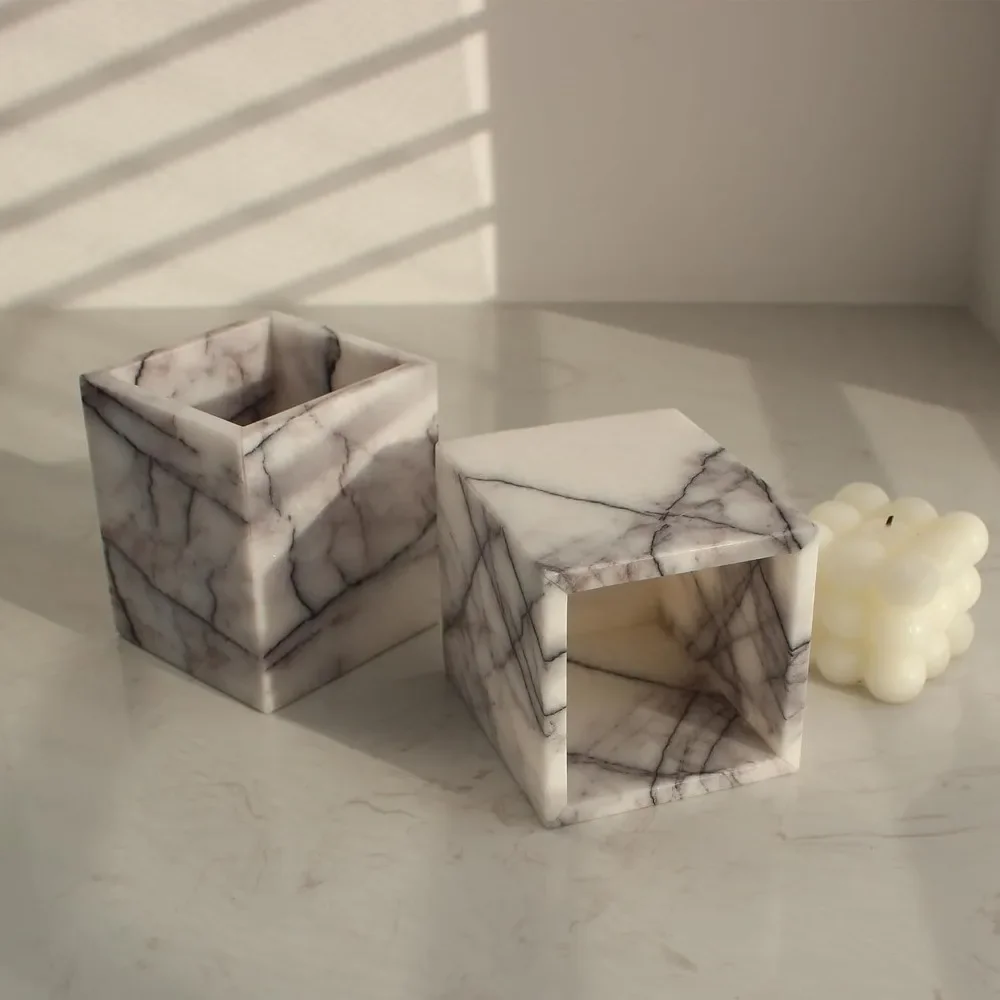 Soportes de cepillo de dientes de mármol lila natural para baño, organizador de encimera de soporte de cepillo de maquillaje de mármol