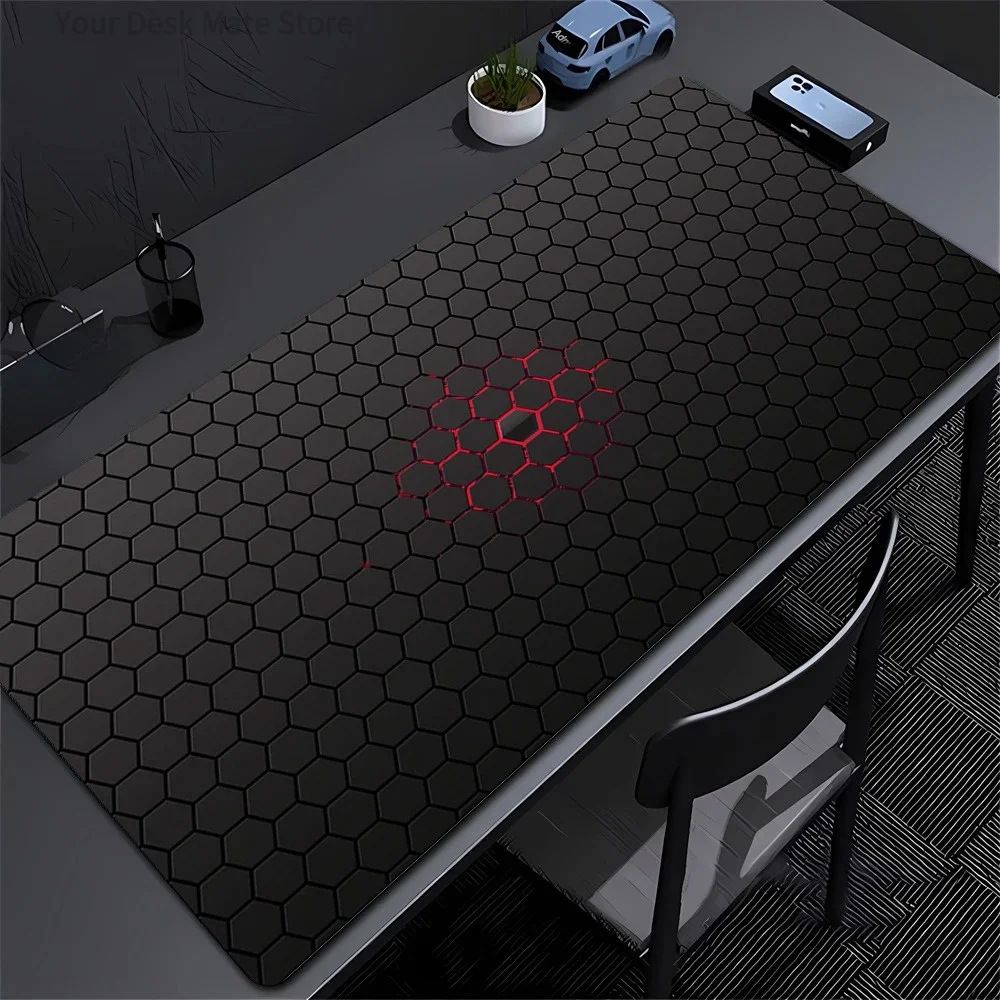 Black Honeycomb Red Accent Gaming Mouse Pad, Geometric Hexagon Pattern NonSlip Large Desktop Mat