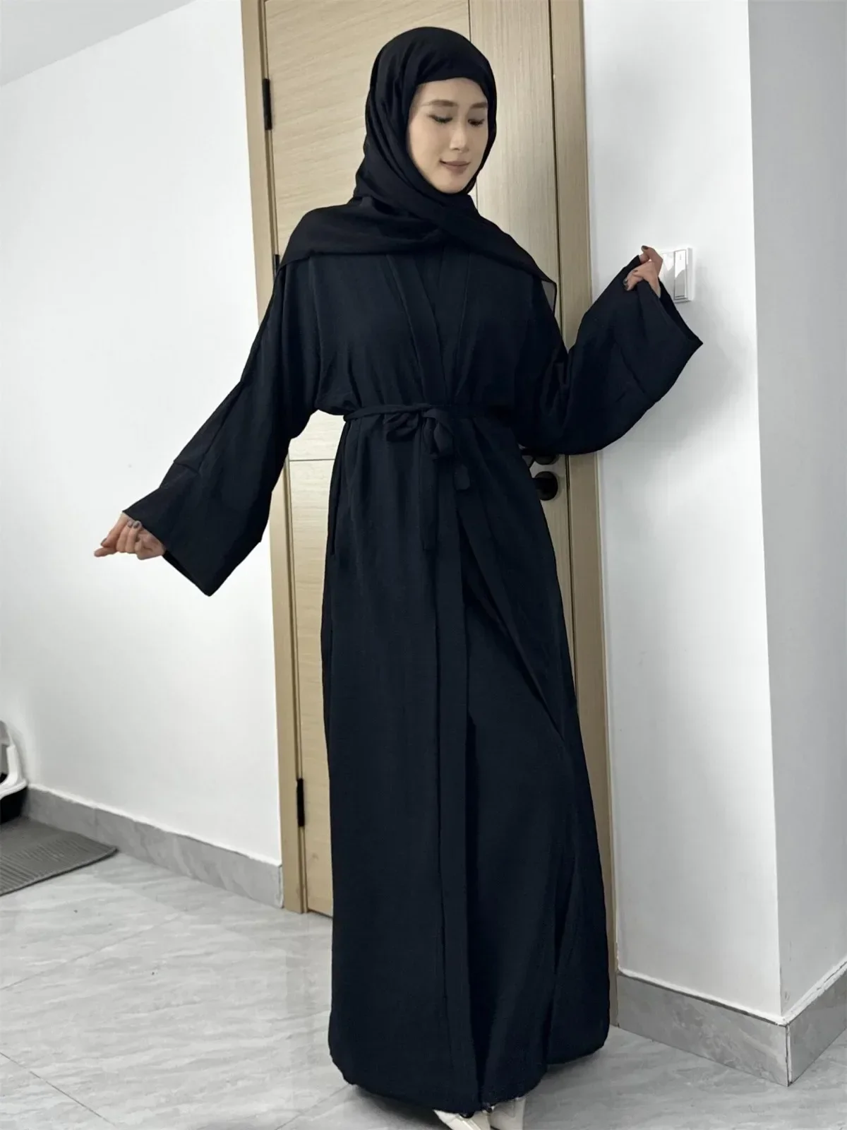 Two Pieces Women Open Front Abaya Muslim Sets Muslim Jilbab Sleeveless Inner Dress Prayer Clothing with Belt Cardigan Kaftan