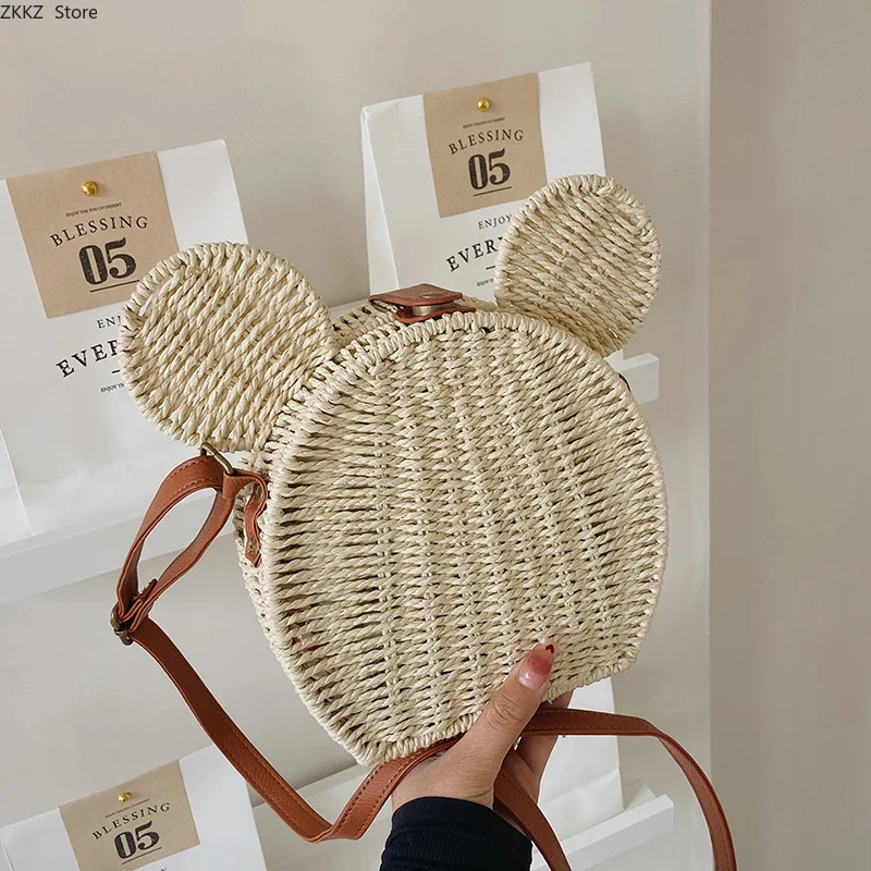 Women's New Straw Fancy Bags Cute Shoulder Bag Crossbody Bag Rattan Travel Leisure Vacation Small Round Beach Mickey Mouse Bags