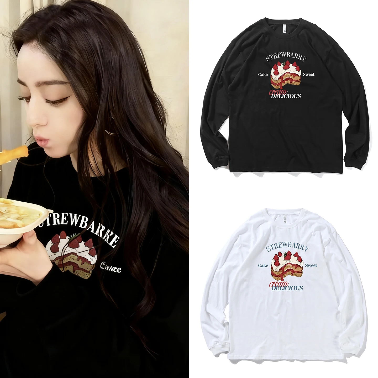 

Loose Long Sve Cake Print T-irt Couple Matching Comfortable Korean Sle Cotton Casual Top for Men And Women