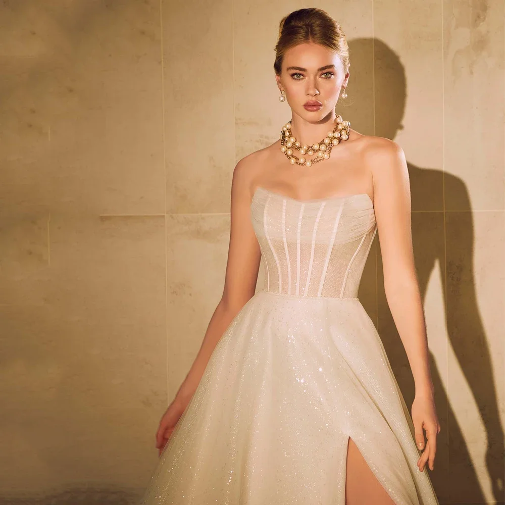 Sparking A-Line Wedding Dresses Front Slit Bridal Growns Sweep Train Customized Sleeveless Open Back Illusion Vestidos De Novia