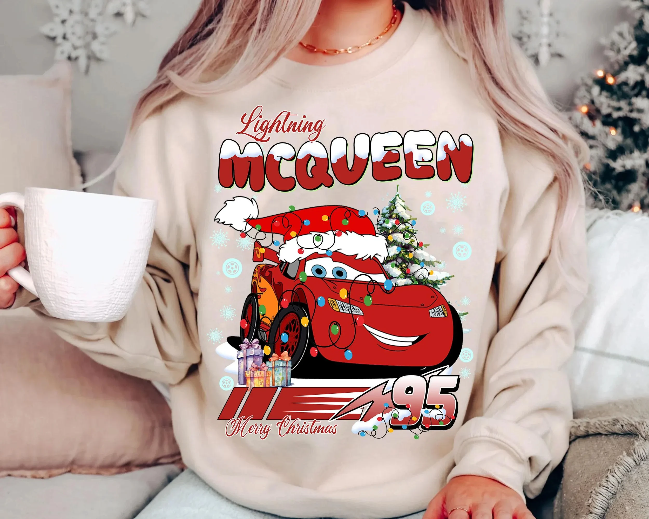 

Lightning McQueen Cars Christmas retro Disney Pixar sweatshirt Men's and women's autumn and winter crew neck pullover