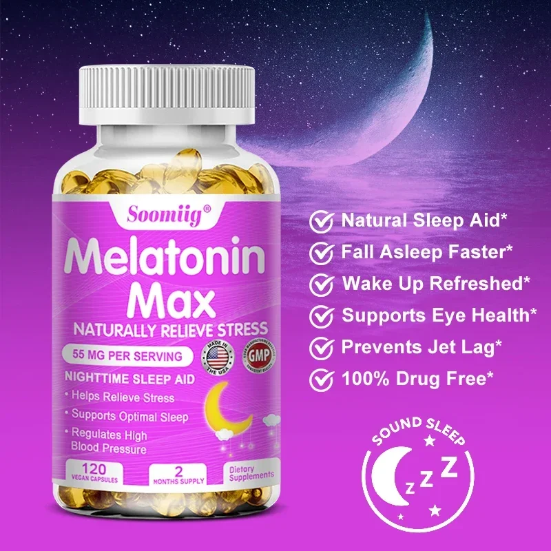 55 Mg Melatonin Capsules - Relieve Stress, Improve Insomnia, Promote Sleep Quality & Deep Sleep, and Help Eye Health