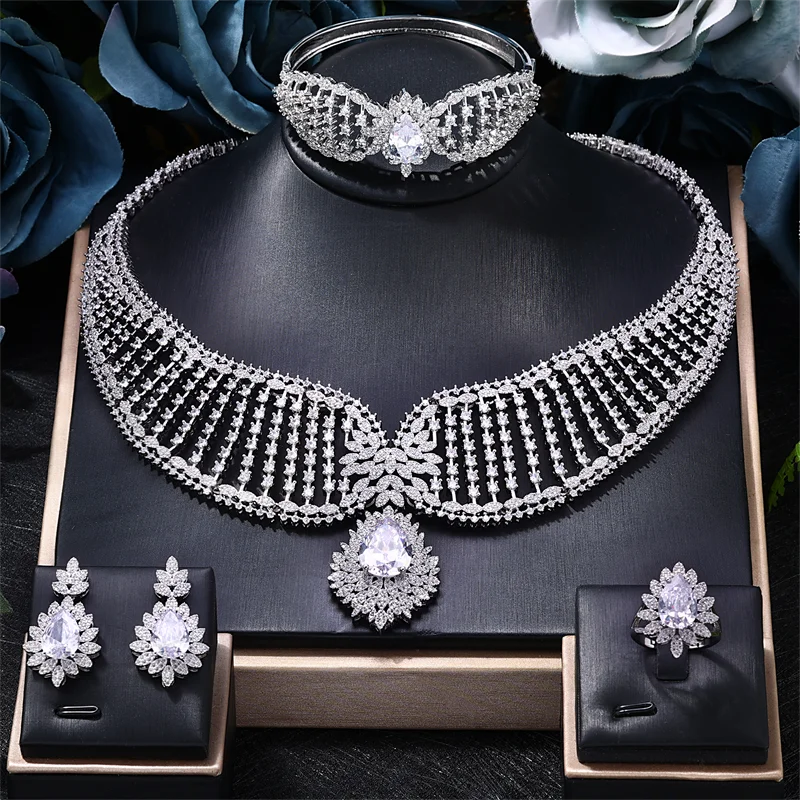 

Luxury Big Necklace Earrings Ring Bracelet Wedding 4 Piece Set Africa Dubai Bridal Party Jewelry Set