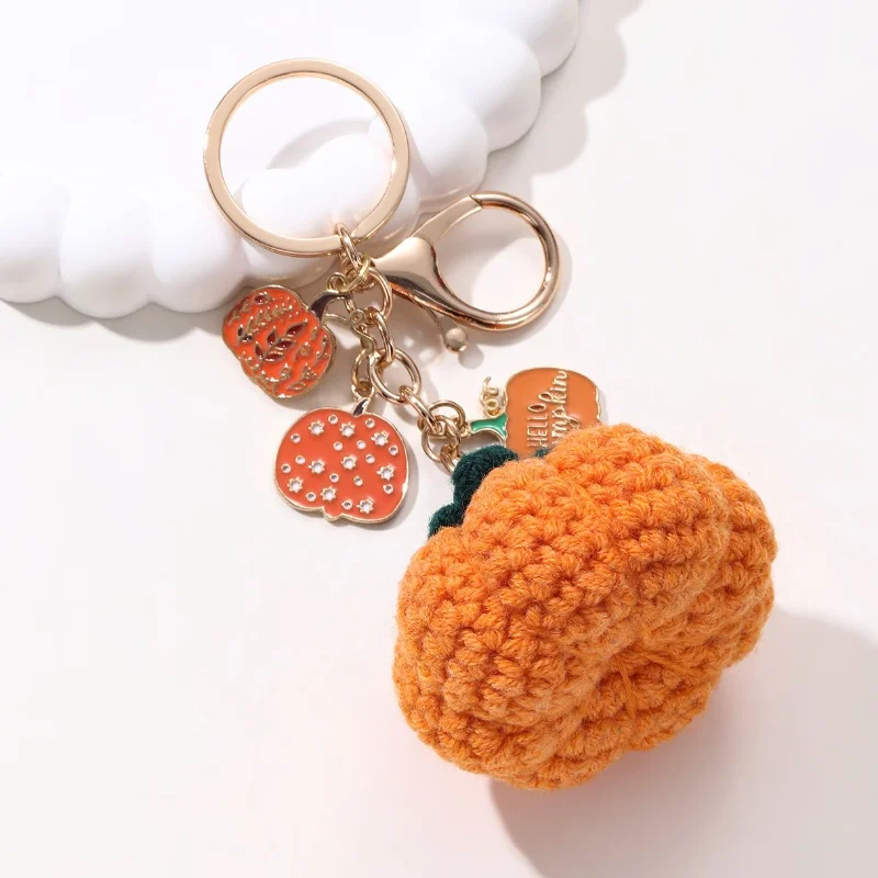 Cute Pumpkin Enamel Knitted Yarn Keychain Vegtable Plant Key Ring For Women Men Handmade Good Halloween Gift Jewelry Set