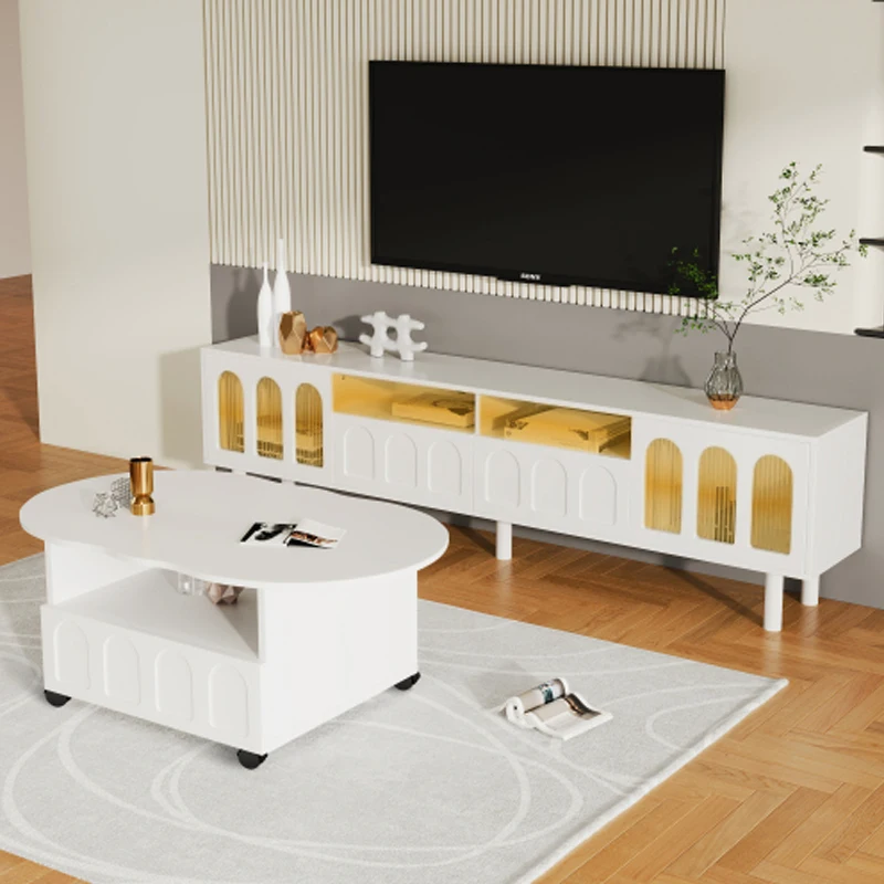 ON-TREND Cream Style TV Stand and Coffee Table Set of 2, LED Light Strip TV Stand for TVs Up to 80'', Cloud Top Coffee Table