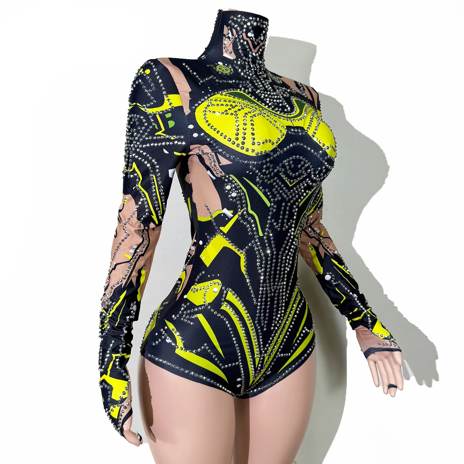 패션 라인스톤 글리터 프린트 바디수트 여성 폴댄스 팀 레오타드 긴팔 섹시 파티 나이트클럽 드랙퀸 의상