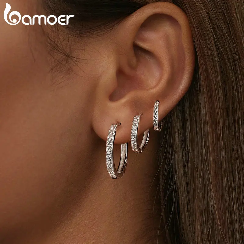 

Bamoer 925 Sterling Silver Minimalist Shiny Zircon Hoop Earring For Women Big Circle Simple Ear Cuf Anti-allergy Fine Jewelry