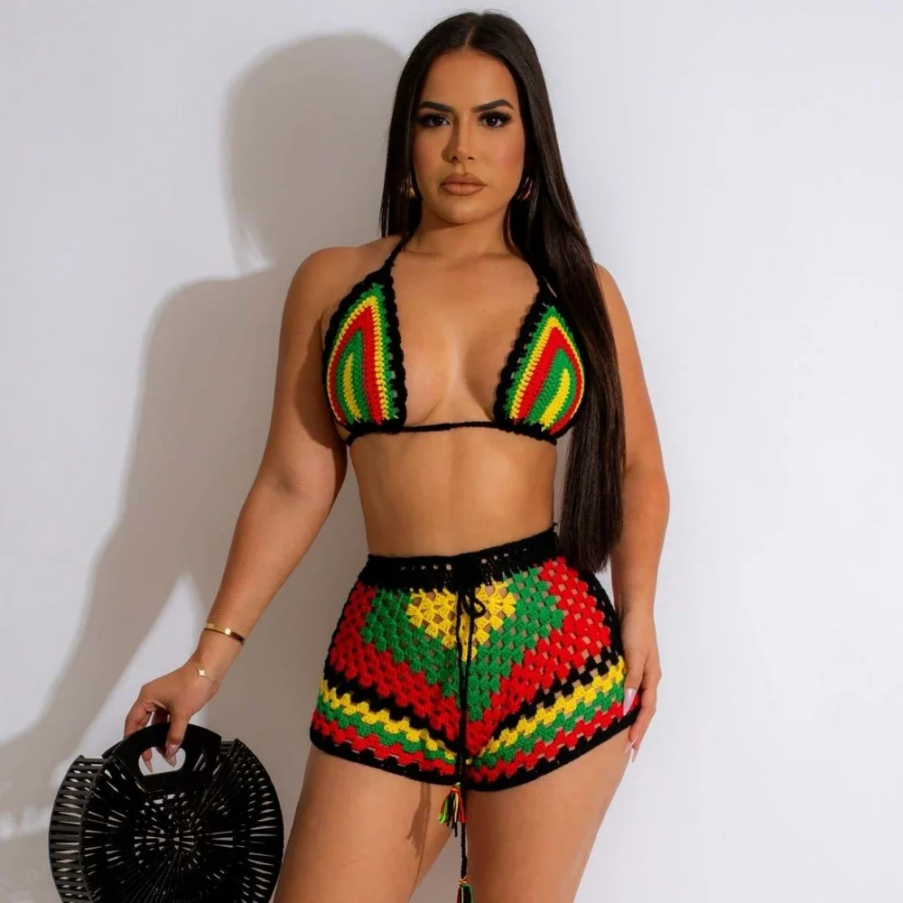 

2023 Women Beach 2 Piece Sets Bikini Cover-Ups Swimsuit Tops And High Waist Shorts Sexy Ladies Swimming Cover Up Bathing Suit