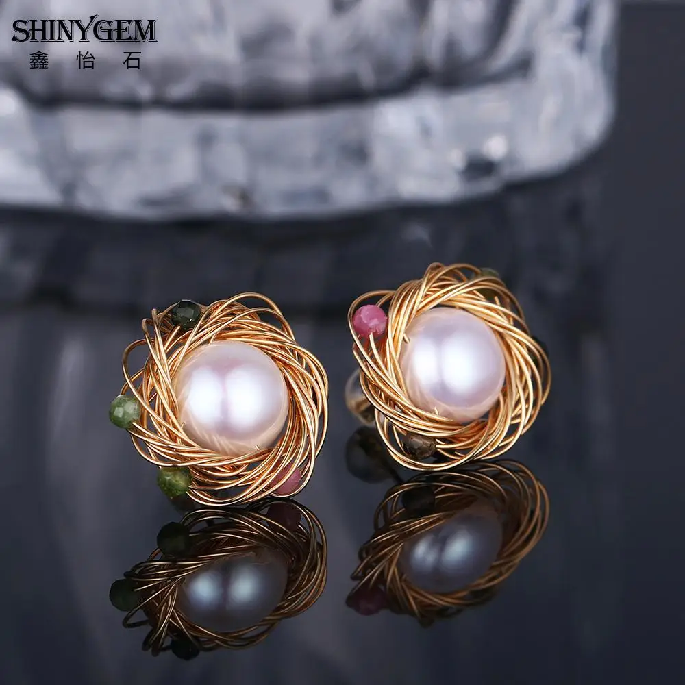 

SHINYGEM Edison Natural Freshwater Pearl Earrings for Women Paired with Tourmaline Hand-wound 14K Gold Plated Luxury 2026
