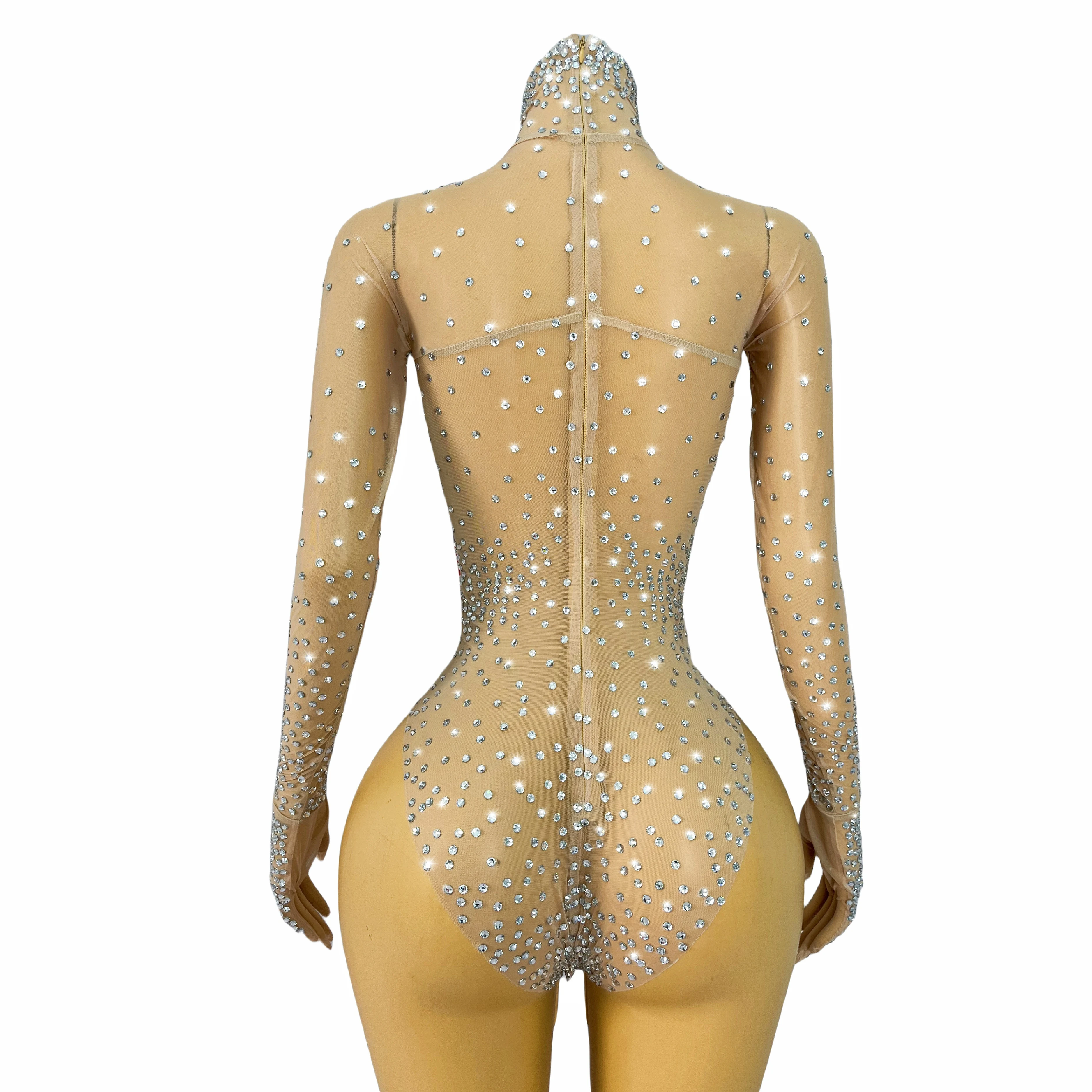 Sexy sheer mesh shiny rhinestone turtleneck gloves triangle onesies bar party singer dancer stage costumes xinghaichenai