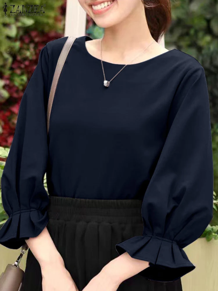 

ZANZEA Holiday Commuting Blusas Women Solid Office Blouse 2025 Summer 3/4 Sleeve Shirts Fashion Korean Round Neck Tunics Tops
