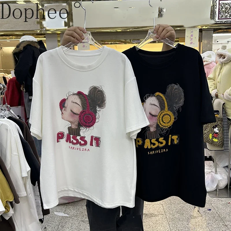 Kalınlaşmak Zımpara kısa kollu tişört Kadın Yeni Bahar Sonbahar Elmas Nakış Gevşek O-boyun Kazak Üst Tüm Maç Casual Tees