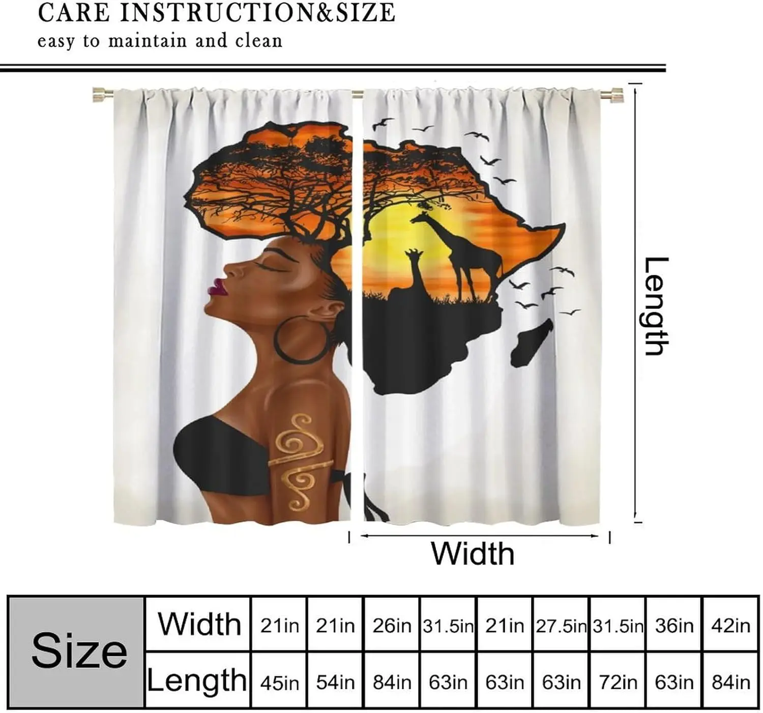 African American Girls Curtains for Bedroom,Cartoon African Primitive Tribe Black Girl Sunset Wild Giraffe Animal Window Drapes