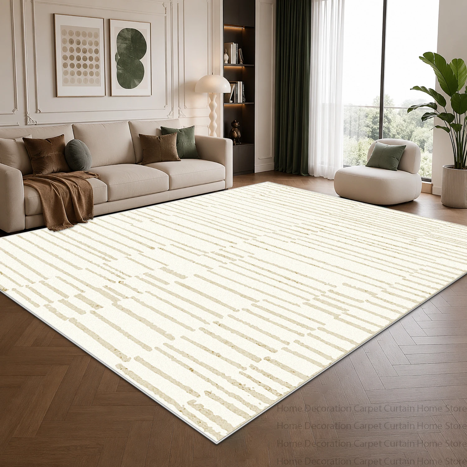 Minimalism Neutral Tone Linear Grid Large Carpet for Living Room Modern Home Decoration Soft Rugs Non-slip Washable Bedroom Mats