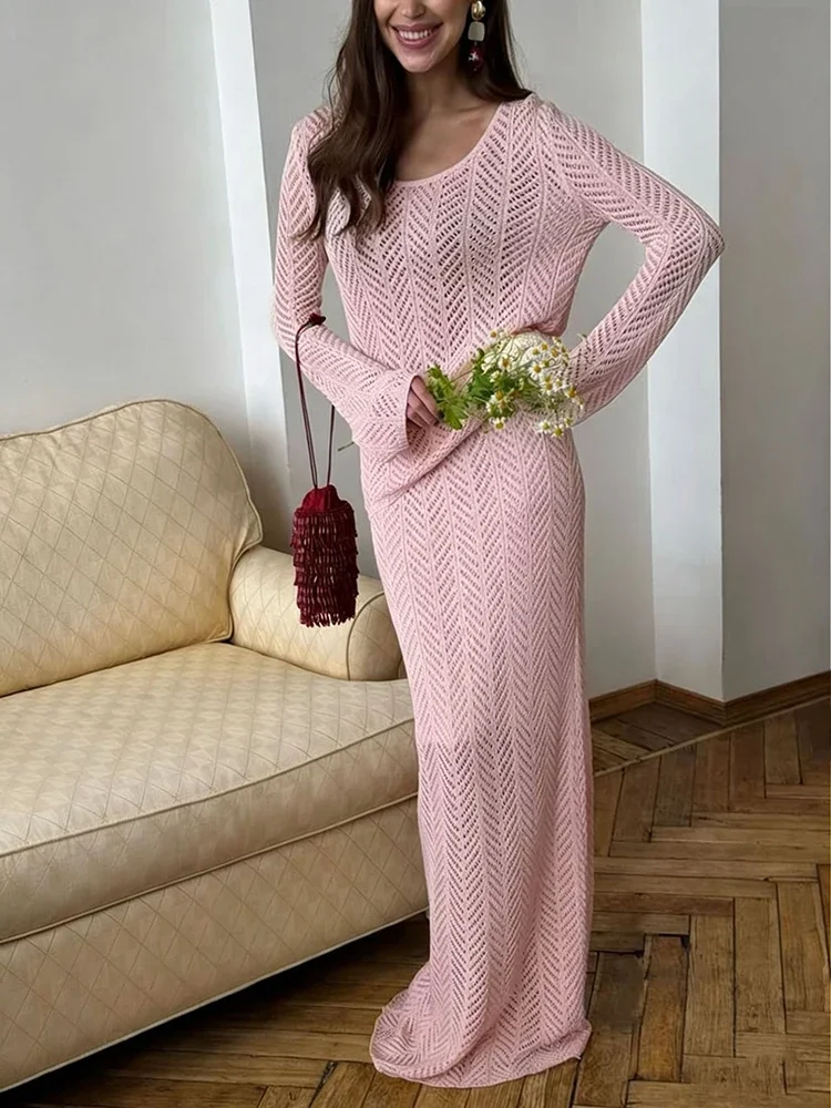 

2026 Spring Autumn Hollow Knitted Dress Suit Women Long Sleeves O-neck Tops+high Waist Straight Bust Skirt Female Two Piece Set