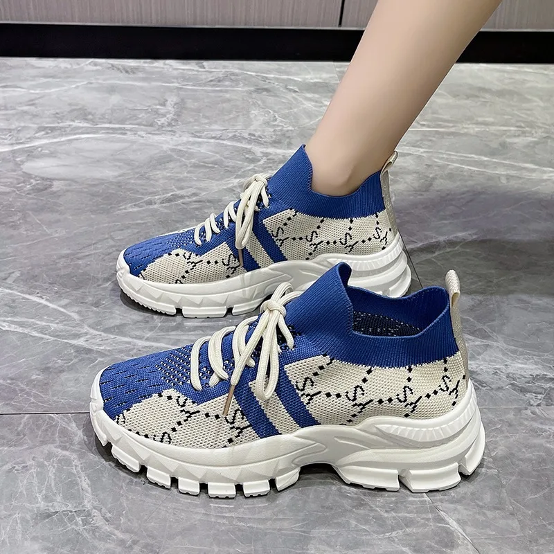 2026年新作、厚底スニーカー、通気性のあるニット素材、カジ - Knit Fabric Lace Up Sneakers のレビューと価格