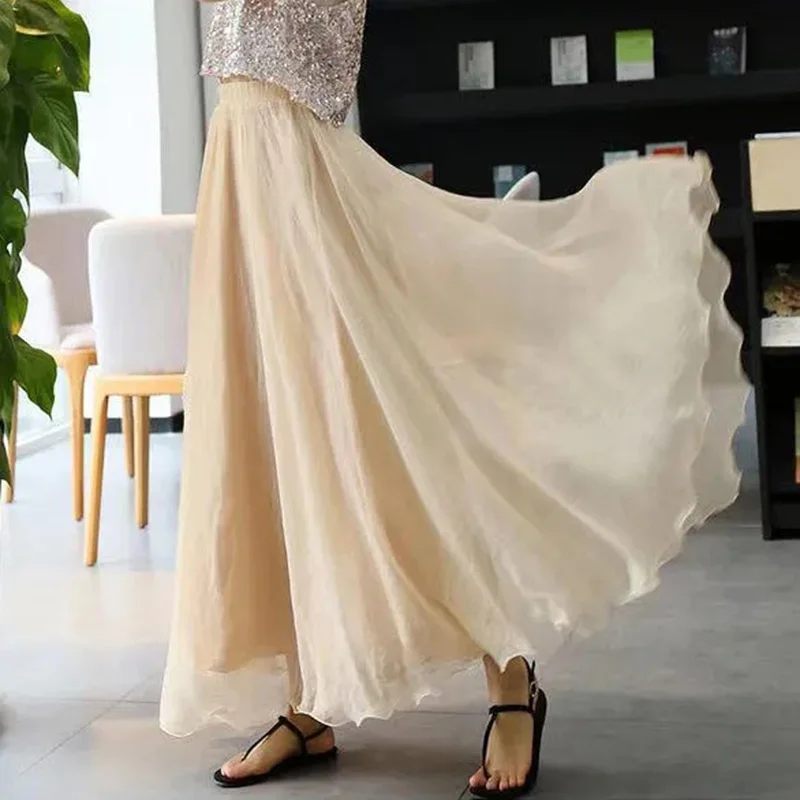 الشيفون تنورة طويلة المرأة عطلة الشاطئ الكشكشة أنيقة تنورة الحفلات عالية الخصر فضفاضة شبكة الحلو سيدة الكرة ثوب صيف جديد