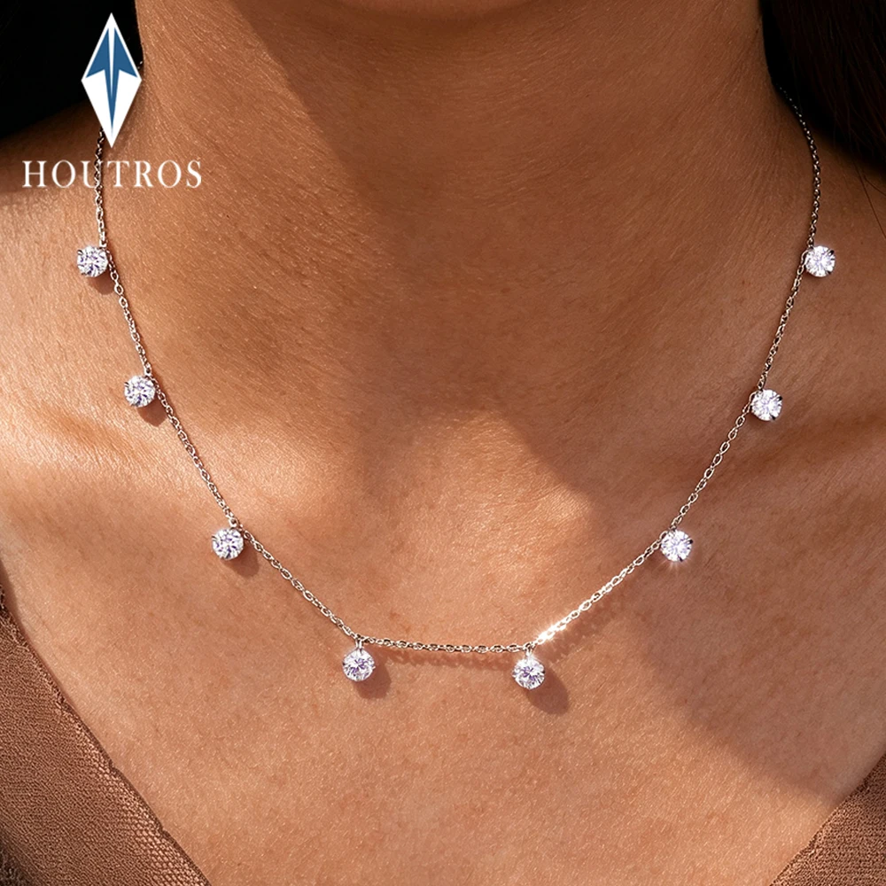 8 Stone Round Cut Real Moissanite Necklace for Women Floating Tiny Diamonds Neck Chain S925 Silver 18K Gold Plated Jewelry Gift