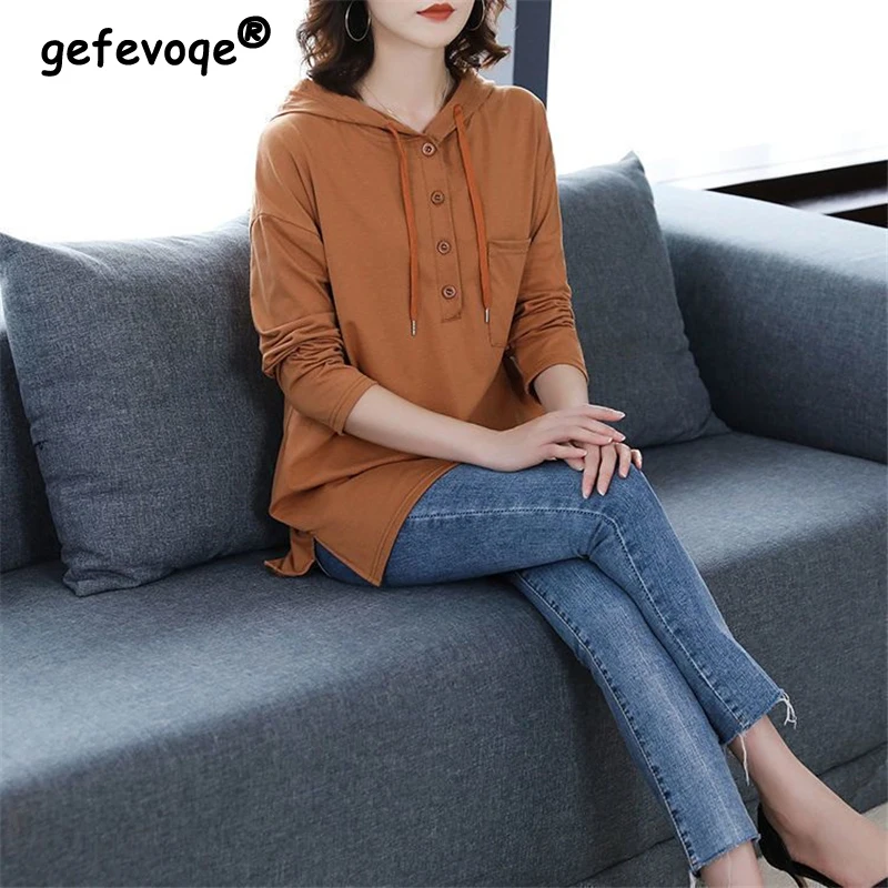 Moletons de manga comprida feminina com capuz, pulôver feminino casual solto, com capuz elegante monocromático, moda coreana, outono, inverno