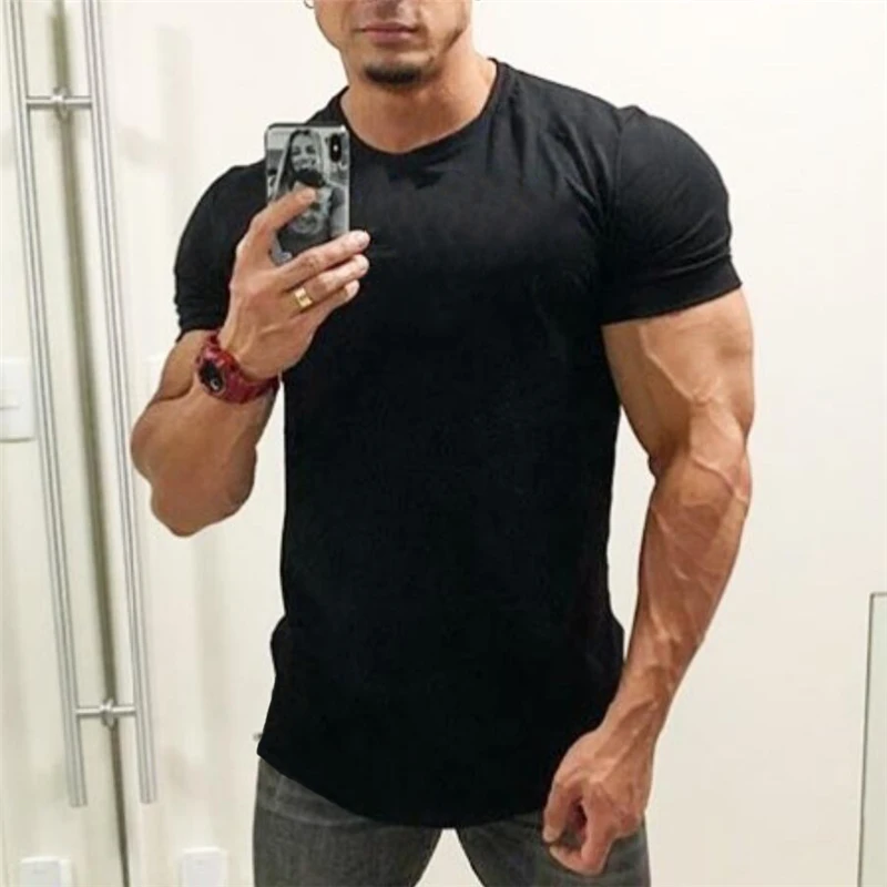 Plain Mens Casual Bodybuilding Clothing Gym Fitness Running Sport T-shirts Summer Cotton Breathable Short Sleeve Slim Fit Shirts