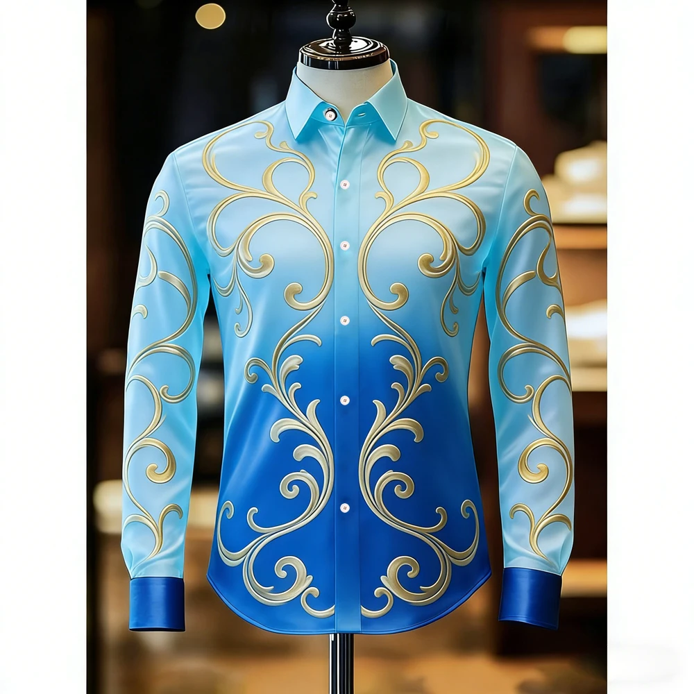 

Men's spring new retro high-end long-sleeved shirt HD curly grass pattern 3D printed shirt Hawaiian vacation social clothes men