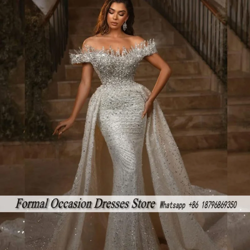 

Изысканные серебряные вечерние платья с открытыми плечами и съемным шлейфом, африканское платье русалки для свадебной вечеринки, платье для выпускного вечера по индивидуальному заказу
