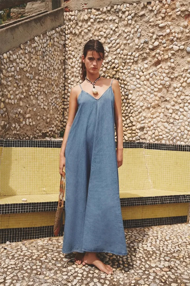 Summer New Women's Loose Denim Midi Dr Bal Design V-ne Thin Strap Dr A-line Silhouette Casual Comfortable Dr