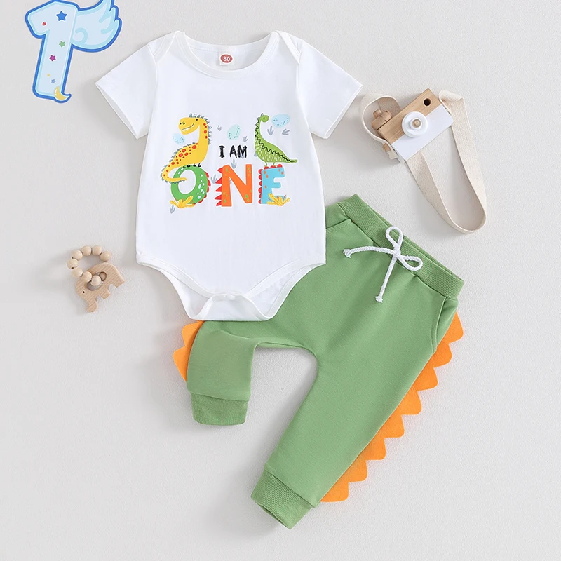 

Toddler Boys 2-Piece Clothing Set with Short Sleeve Dinosaur Print Romper and Green Drawstring Pants - Adorable Outfit for Baby