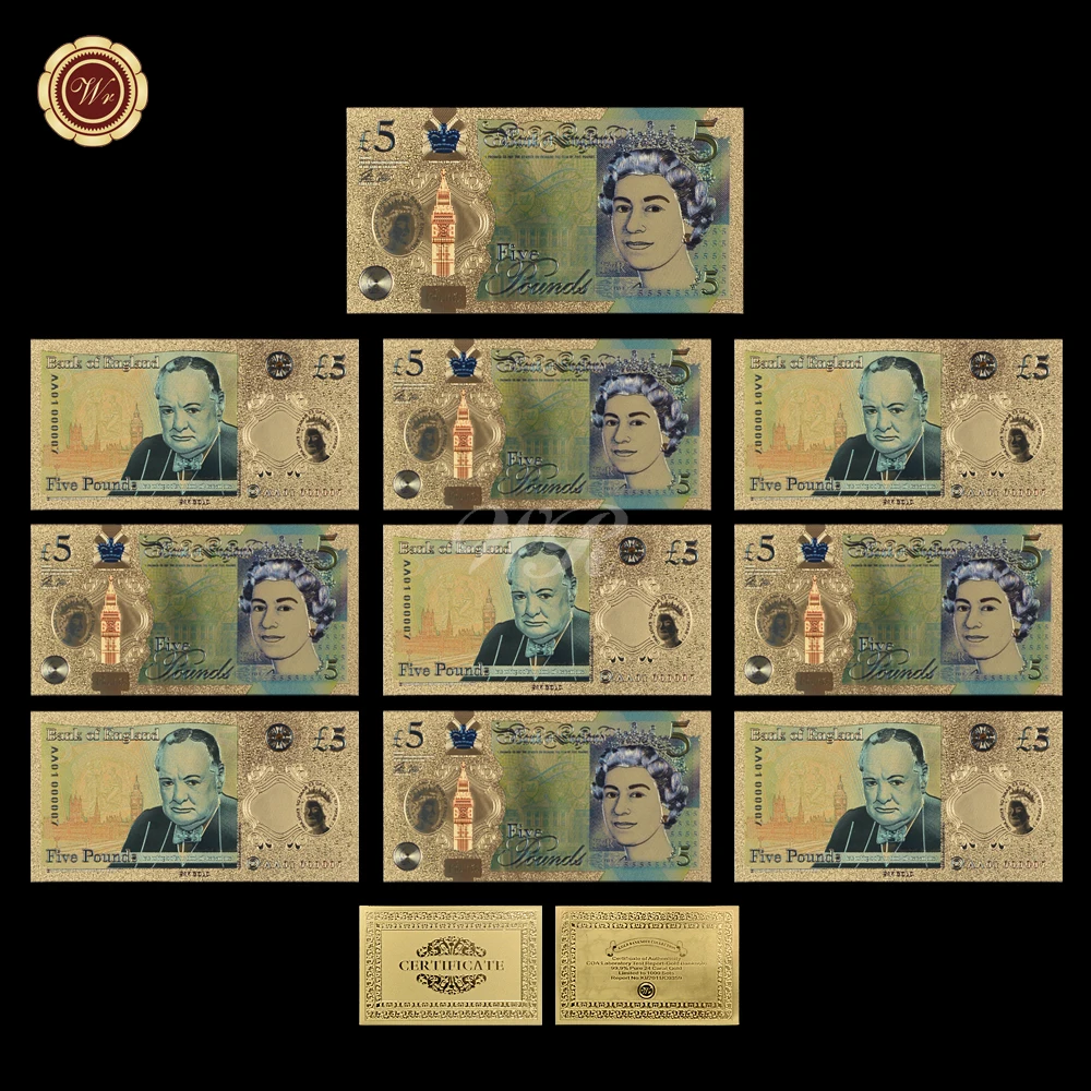 10Pcs/set Colored Gold Foil Banknote Queen Elizabeth United Kindom Pound Banknote UK GBP Fake Money Bill Souvenir Gift for Him