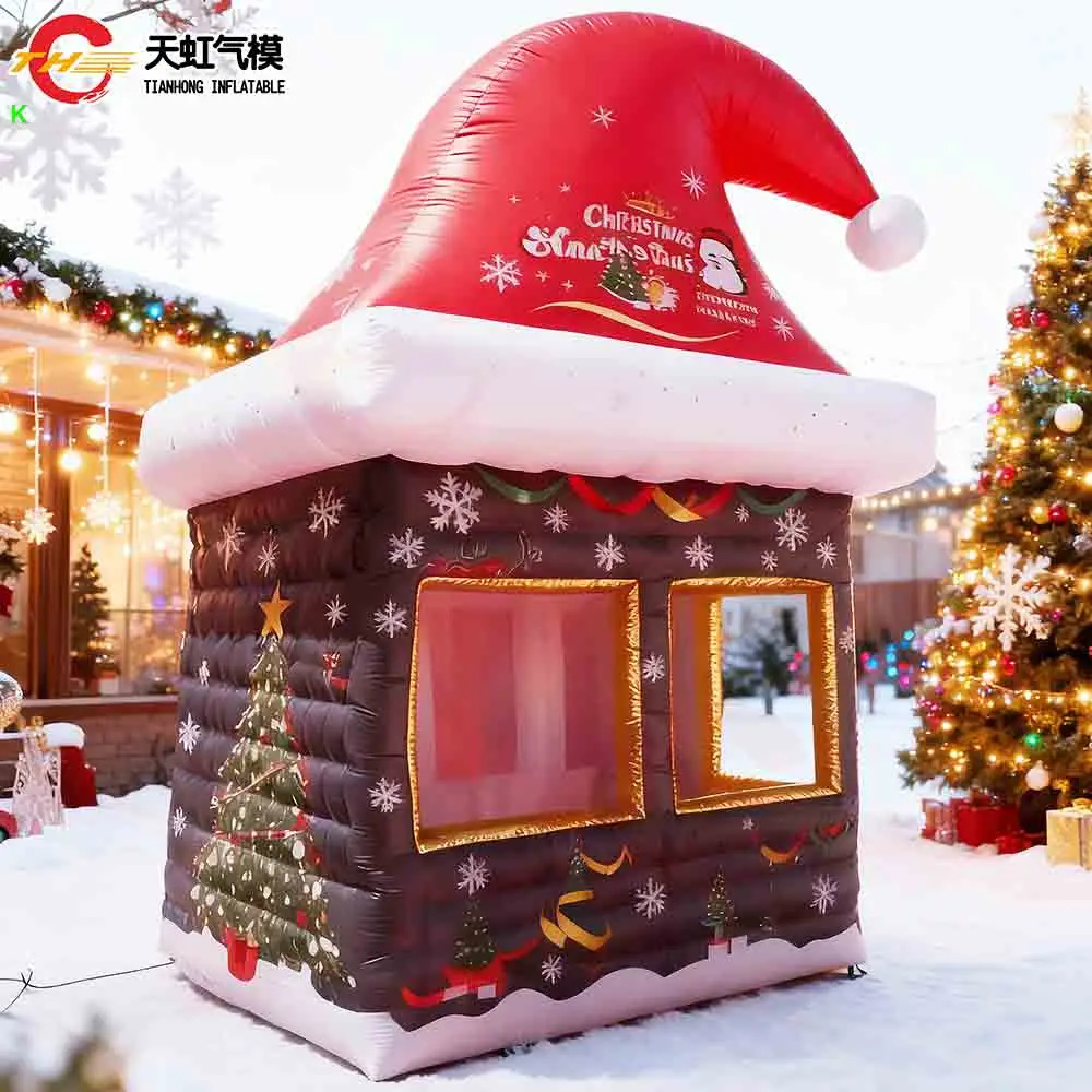 Envío rápido, nuevo diseño, tienda inflable para casa de Navidad, sombrero rojo de Papá Noel, tienda inflable con soplador
