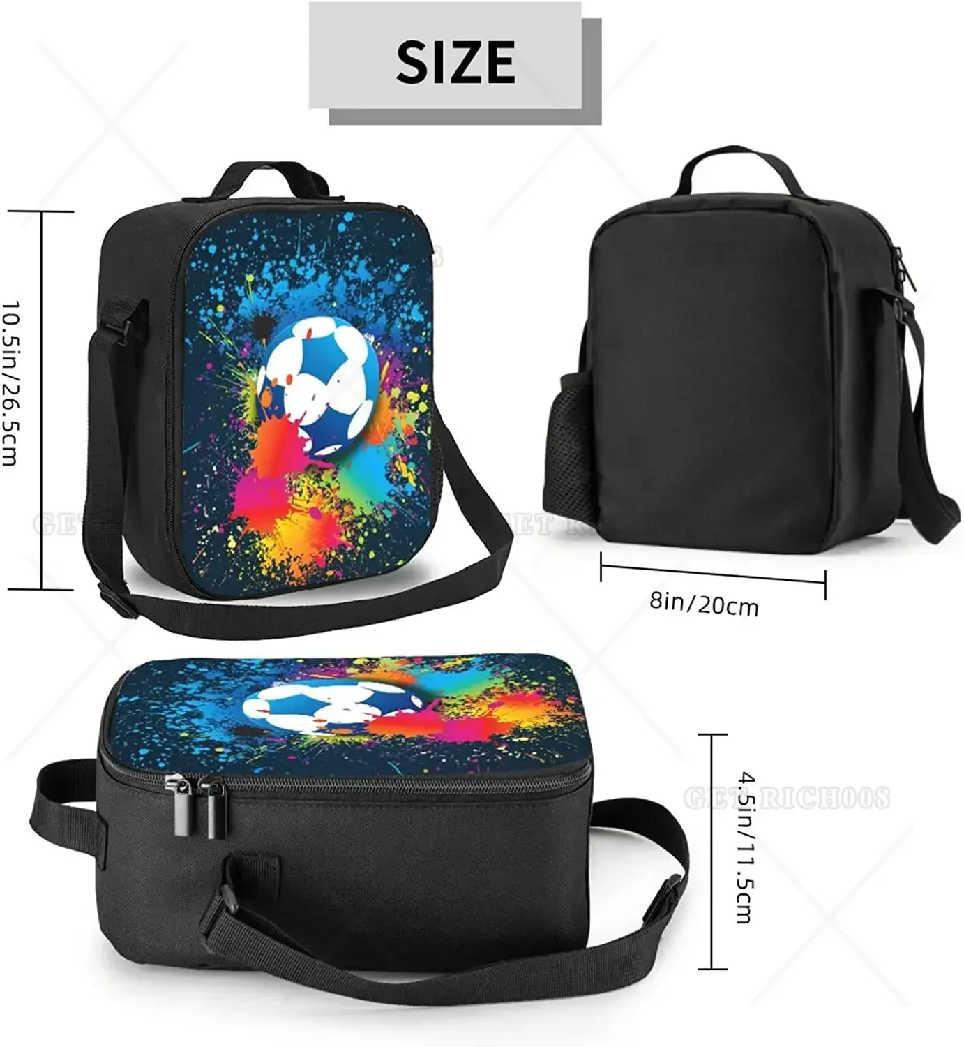 Kids Lunch Box Sport Soccer Lunch Bag with Shoulder Strap School Bento Lunch Box for Kids Toddlers Teens Tie Dye Football