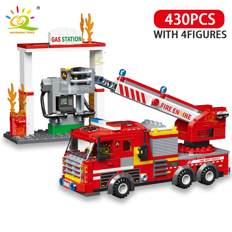 HUIQIBAO Fire Station Model Building Blocks Truck Helicopter Car Firefighter Bricks City Educational Toys For Children Gift